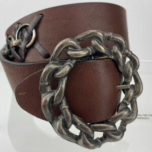 Vintage (36) Belt‎ Brown Harness Leather Round Brass Buckle Cowboy Western Horse